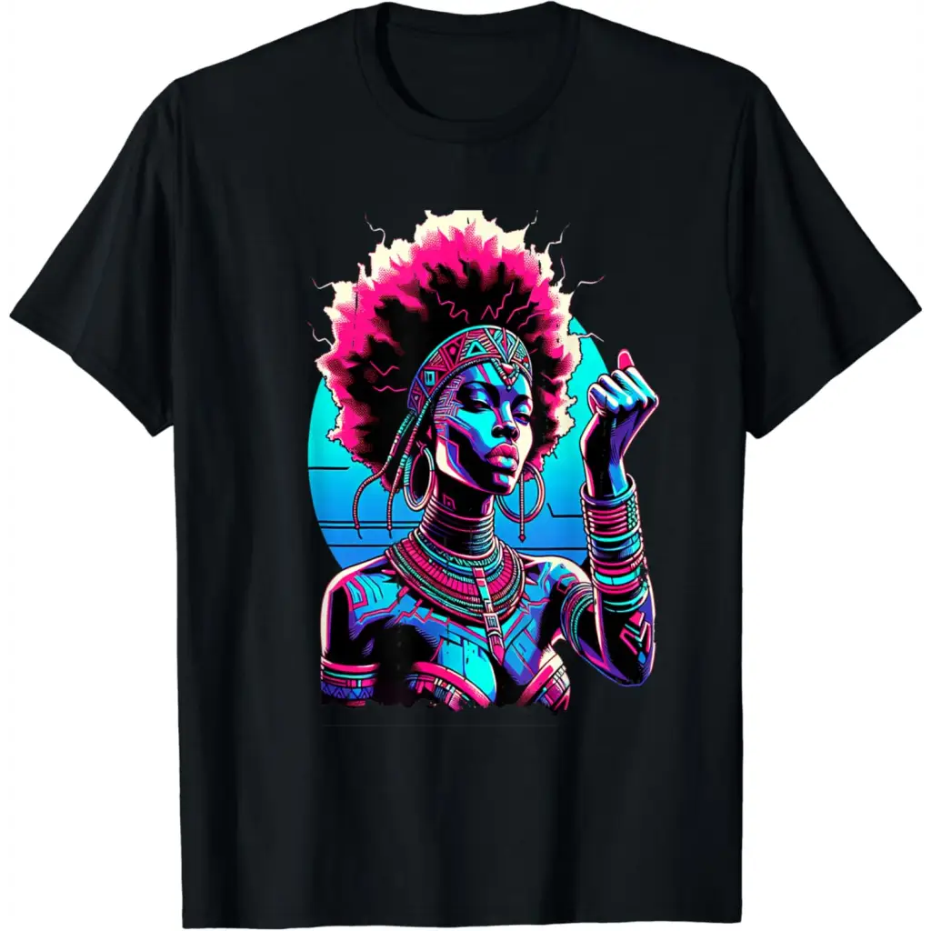 Vibrant Futuristic Melanated Woman with Pink Afro T-Shirt