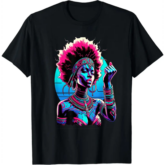 Vibrant Futuristic Melanated Woman with Pink Afro T-Shirt