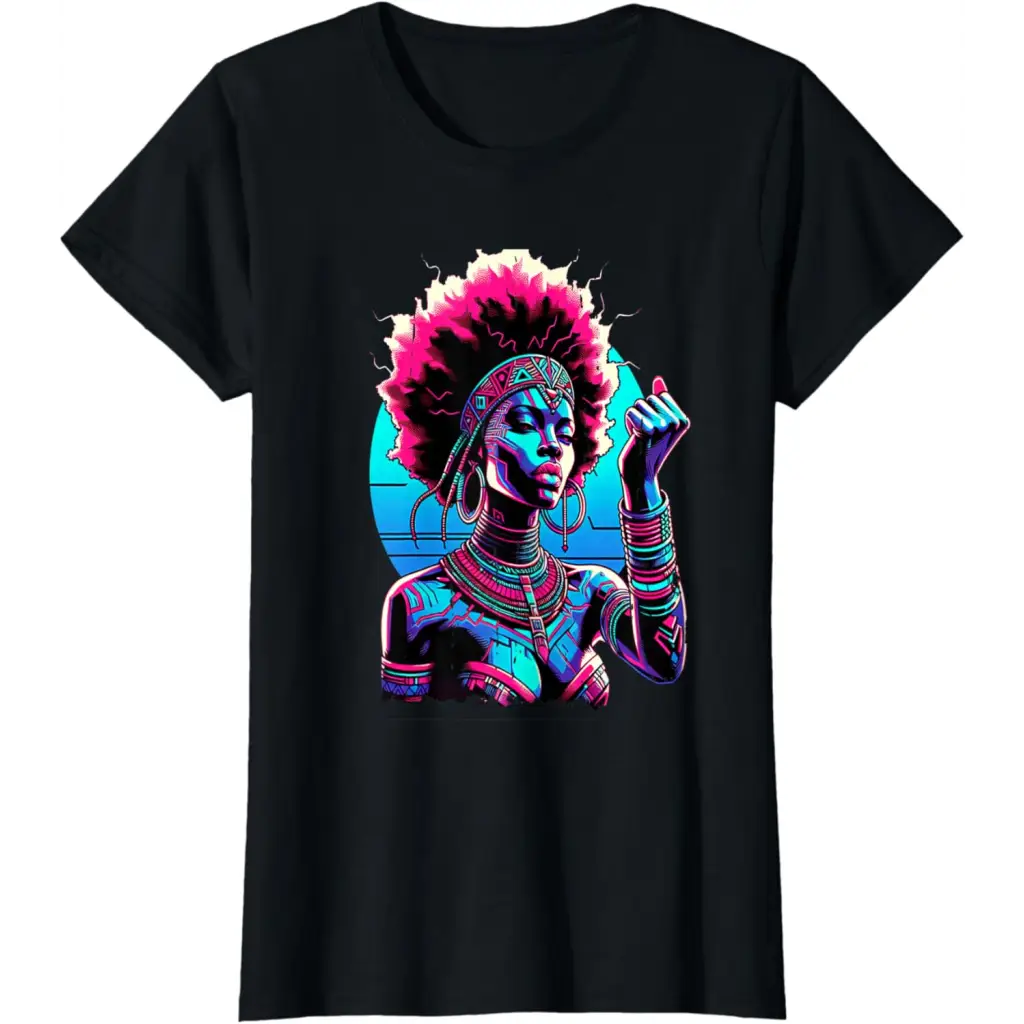 Vibrant Futuristic Melanated Woman with Pink Afro T-Shirt