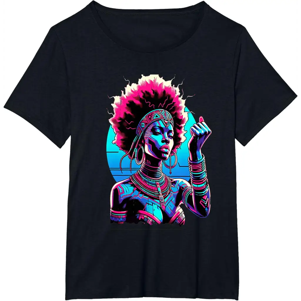 Vibrant Futuristic Melanated Woman with Pink Afro T-Shirt