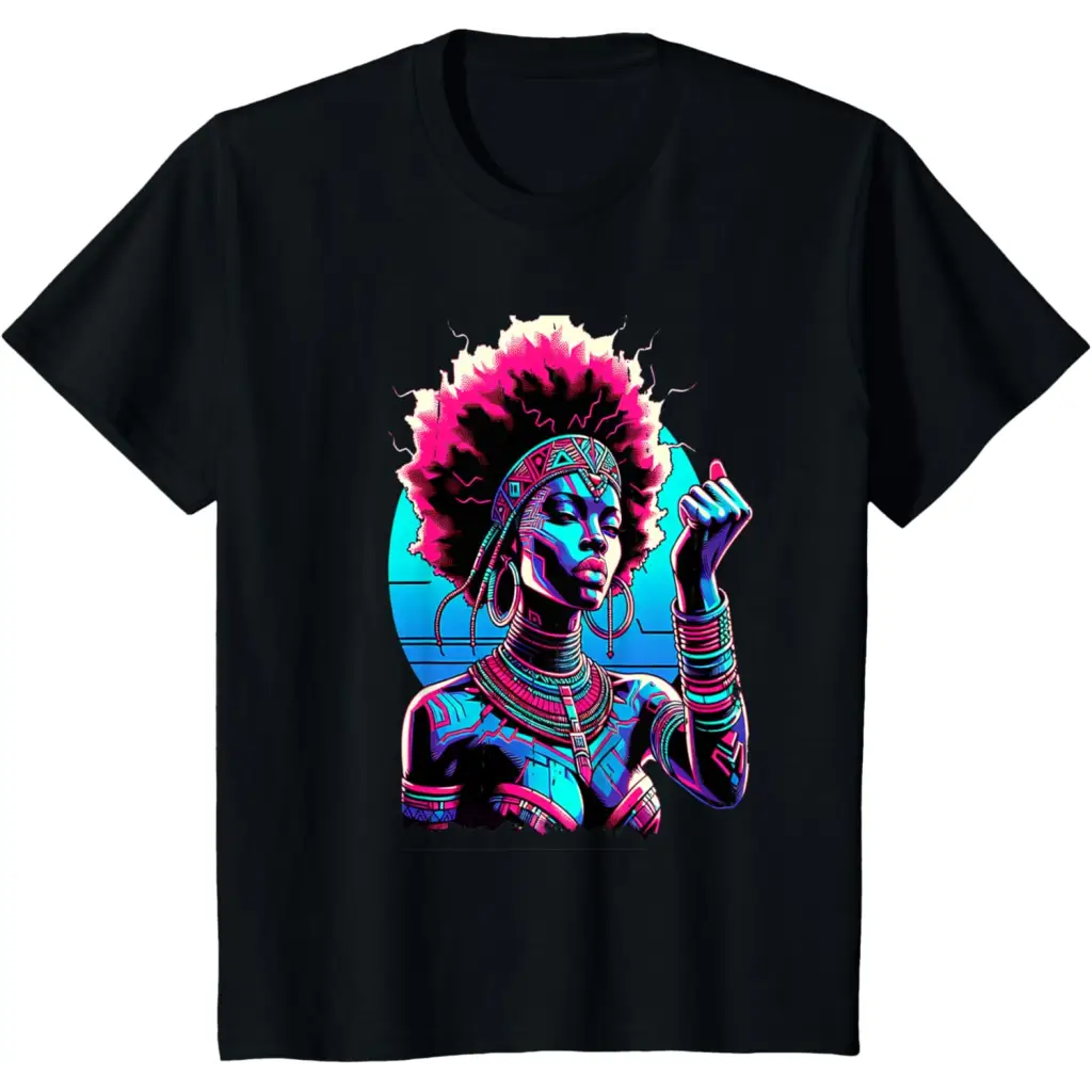 Vibrant Futuristic Melanated Woman with Pink Afro T-Shirt