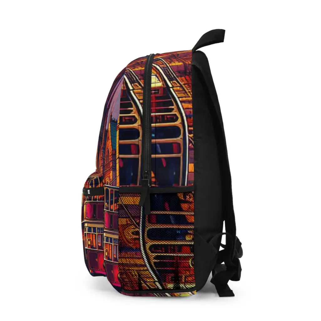 Victorian Cityscape with Tram and Vibrant Lights Backpack