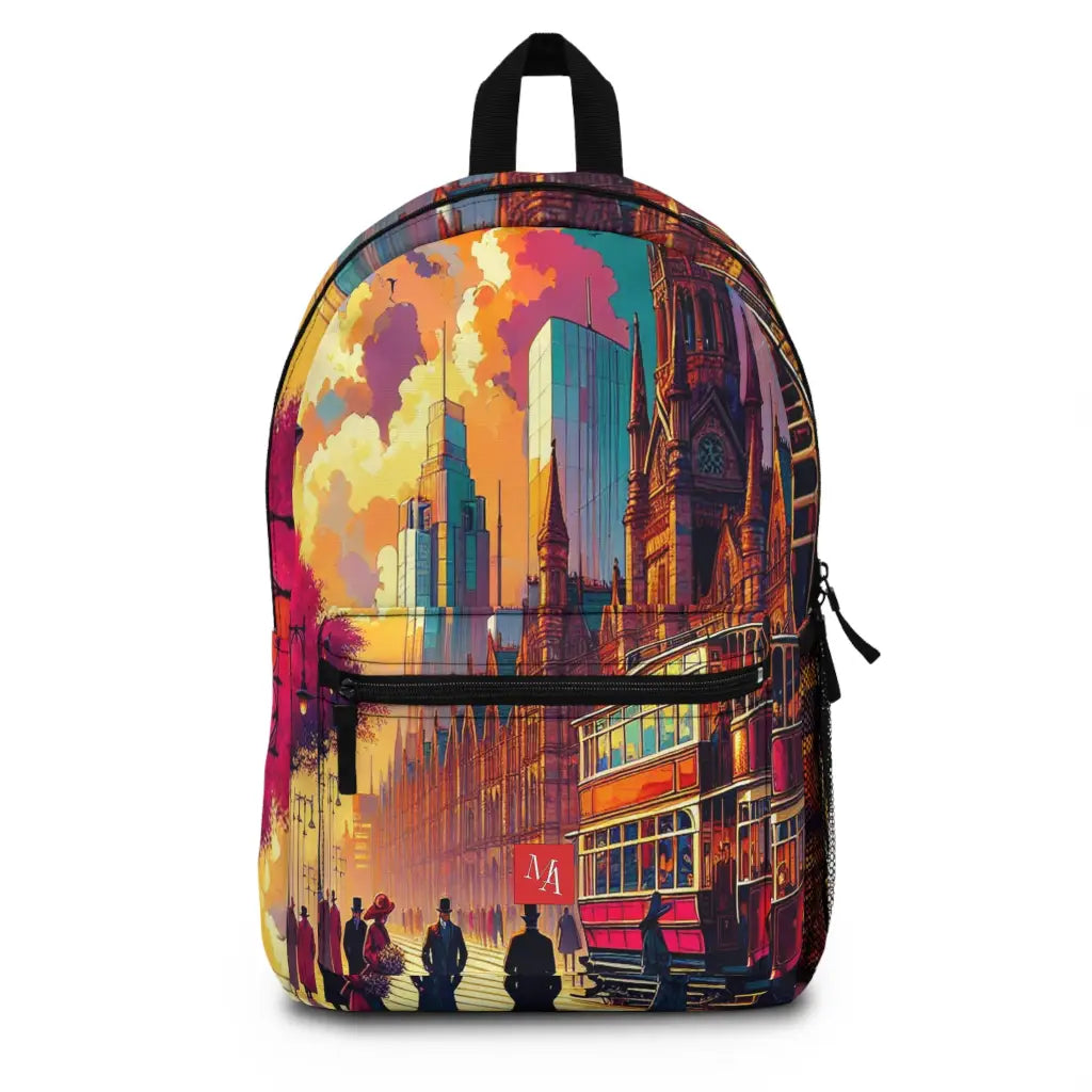 Victorian Cityscape with Tram and Vibrant Lights Backpack