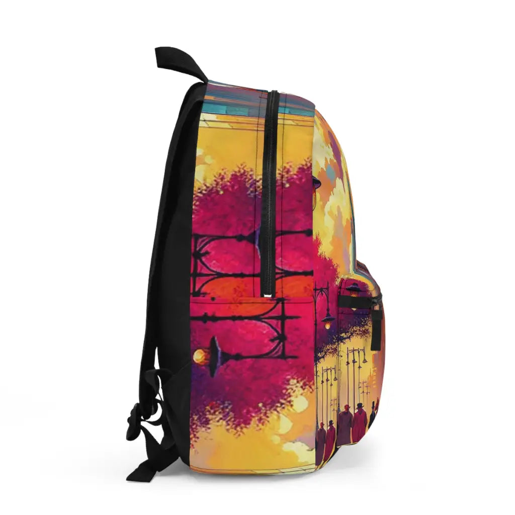 Victorian Cityscape with Tram and Vibrant Lights Backpack