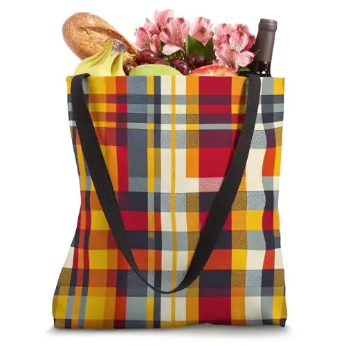 Warm Plaid Reverie: Autumn Tartan Vibe Tote Bag Apparel