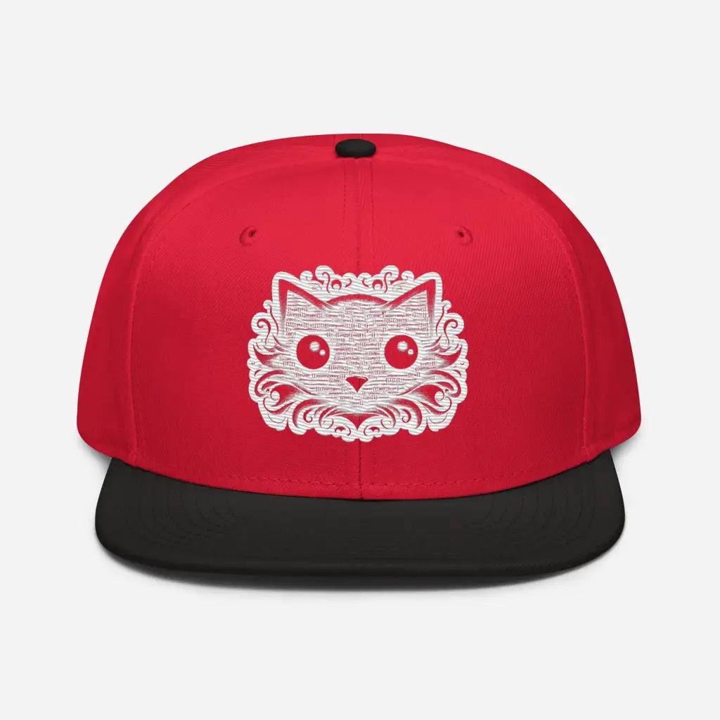 Whisker Wonder: Big-Eyed Cat Snapback Hat - Black / Red