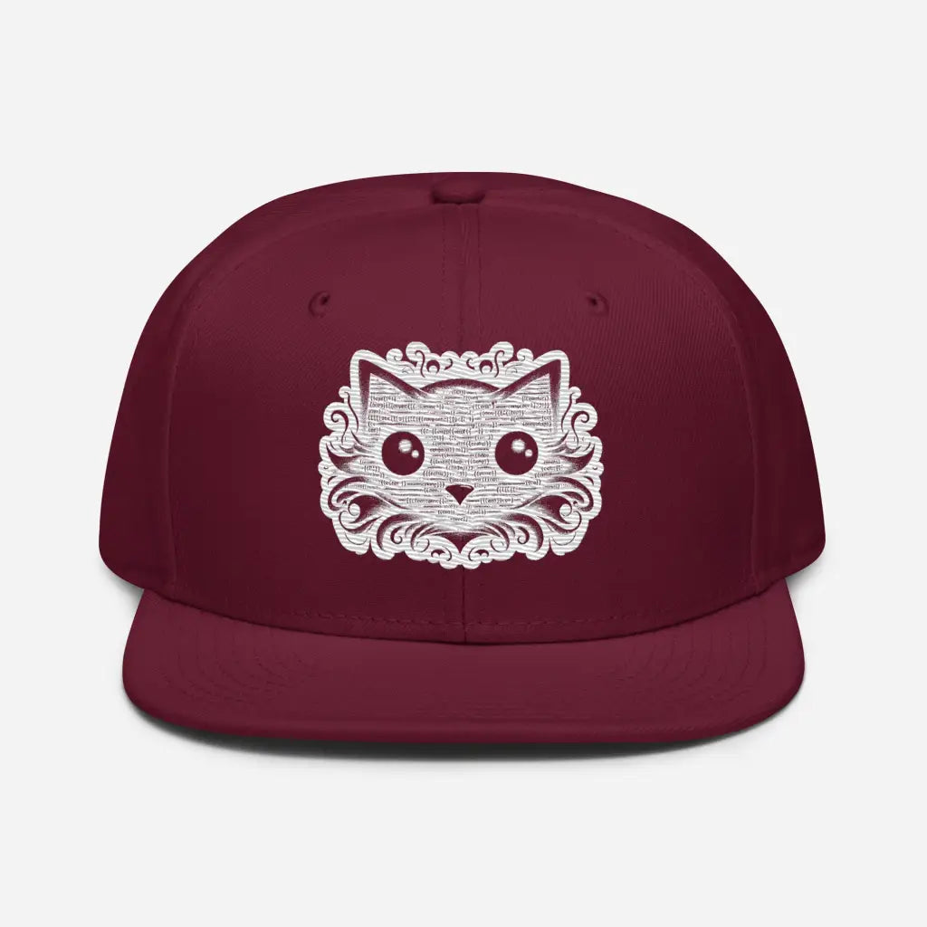 Whisker Wonder: Big-Eyed Cat Snapback Hat - Burgundy maroon