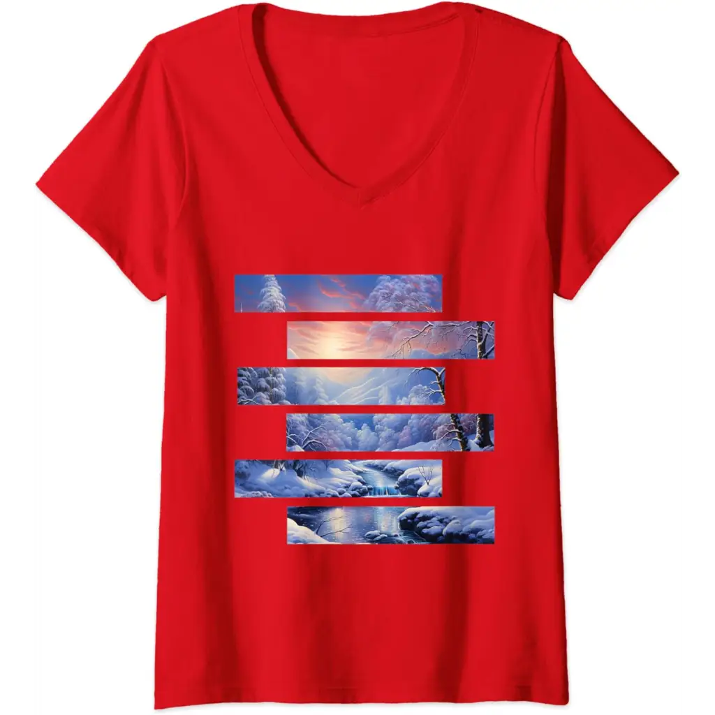 Womens Arctic Elegance: Swirling River V-Neck T-Shirt - Red