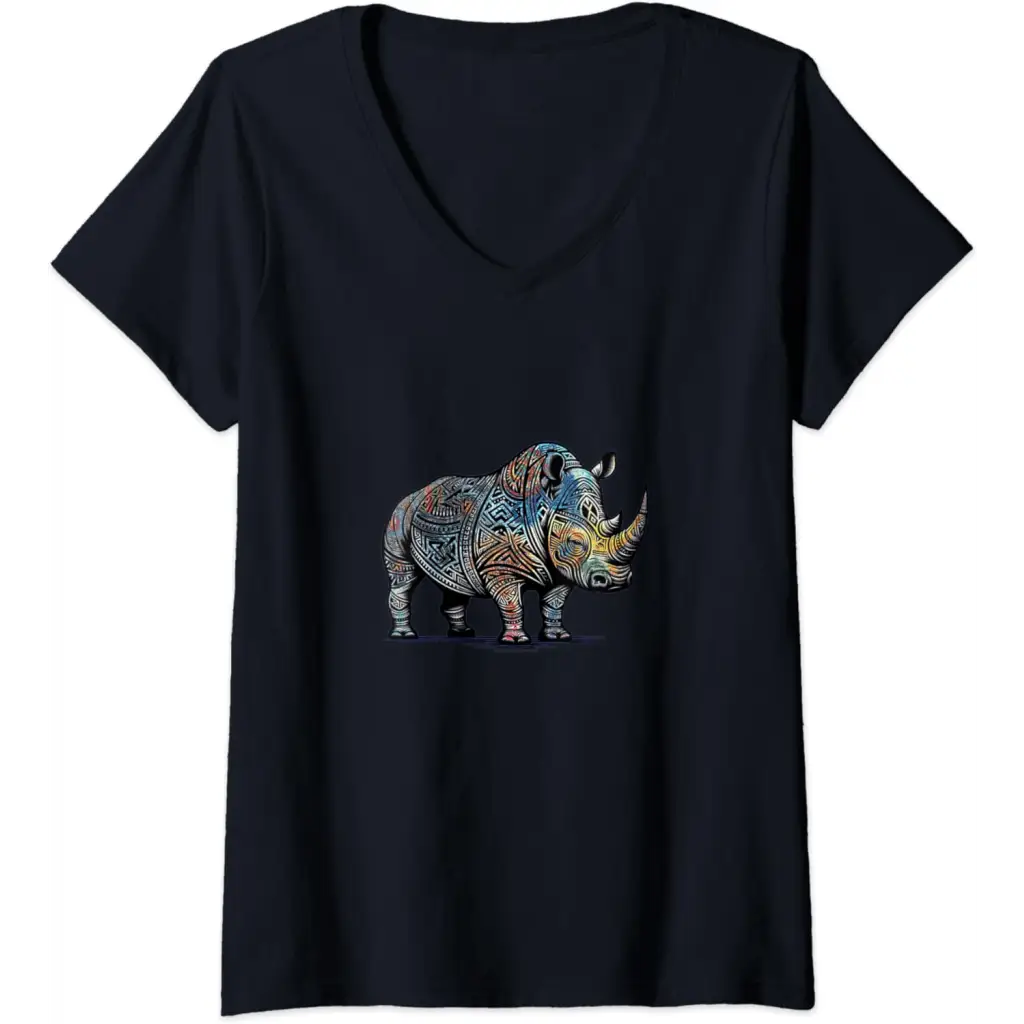 Womens Colorful Funny Tribal Style Rhino V-Neck T-Shirt