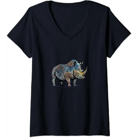 Womens Colorful Funny Tribal Style Rhino V-Neck T-Shirt