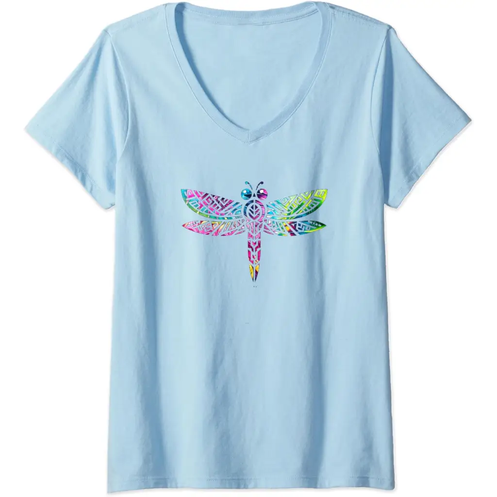 Womens Colorful Tribal Rainbow Dragonfly V-Neck T-Shirt