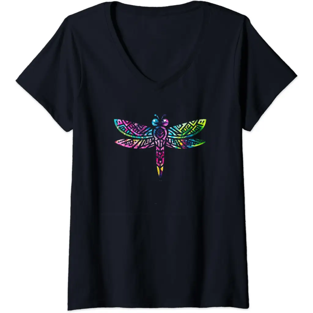 Womens Colorful Tribal Rainbow Dragonfly V-Neck T-Shirt