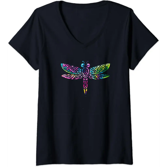 Womens Colorful Tribal Rainbow Dragonfly V-Neck T-Shirt