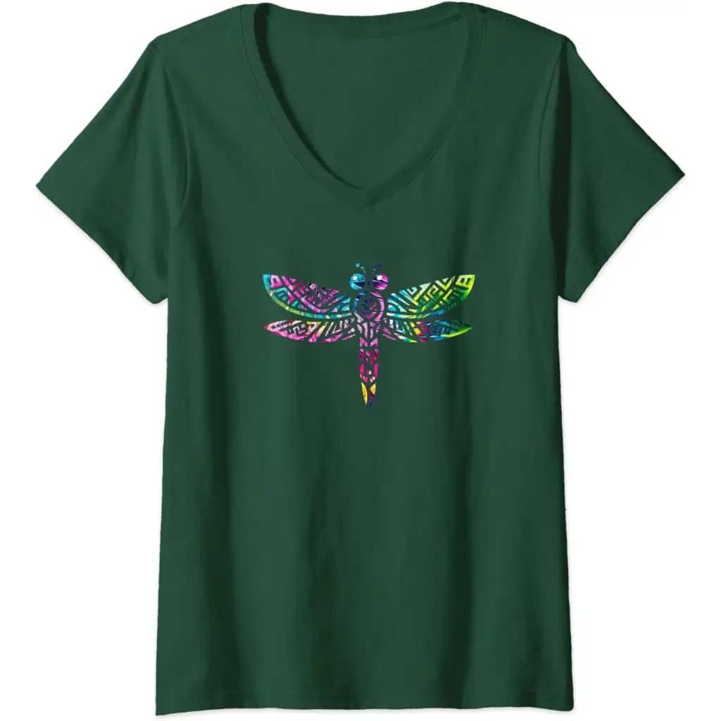 Womens Colorful Tribal Rainbow Dragonfly V-Neck T-Shirt