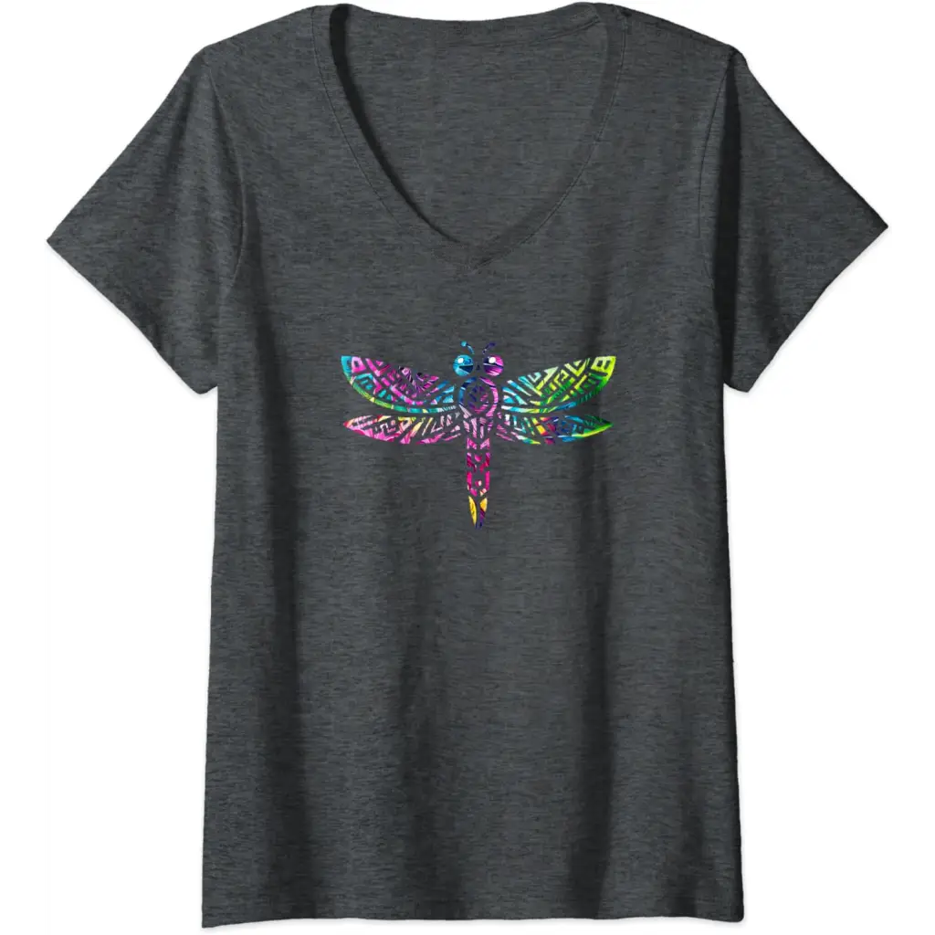 Womens Colorful Tribal Rainbow Dragonfly V-Neck T-Shirt