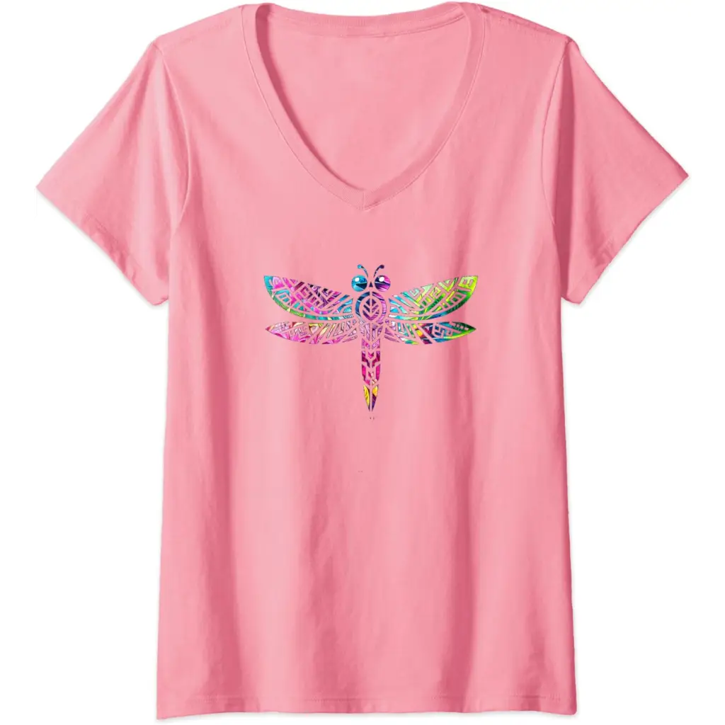 Womens Colorful Tribal Rainbow Dragonfly V-Neck T-Shirt