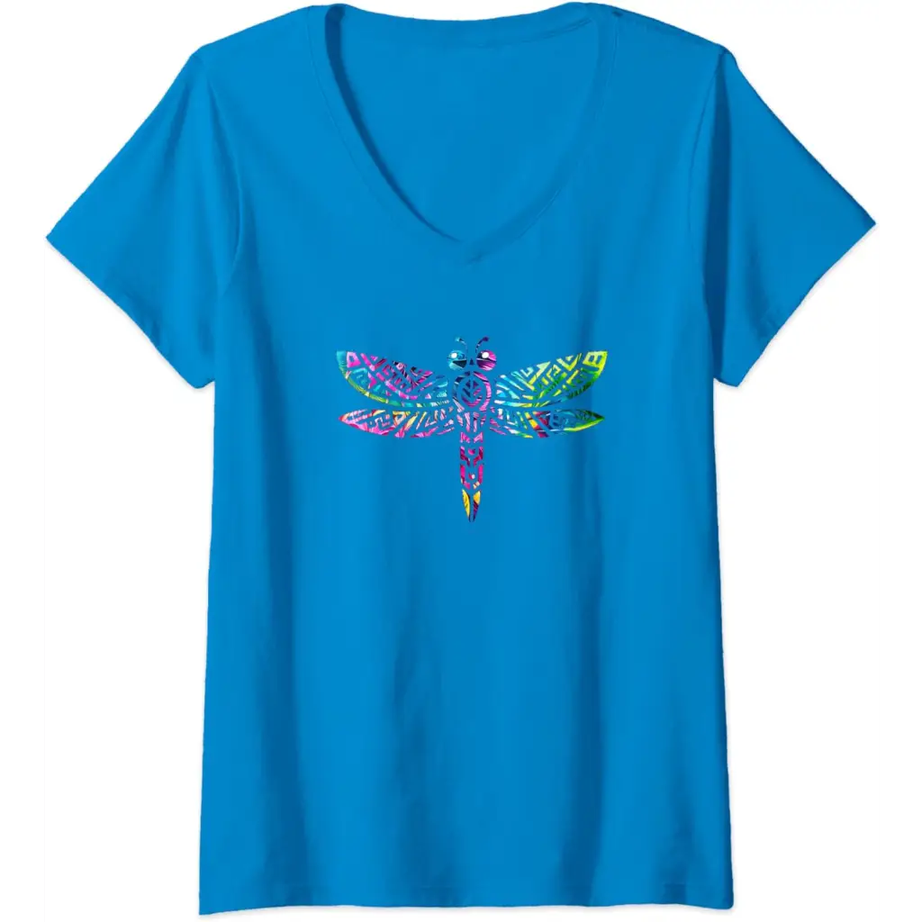 Womens Colorful Tribal Rainbow Dragonfly V-Neck T-Shirt