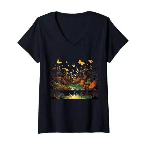 Womens Golden Meadow: A Sunlit Garden of Butterflies V Neck