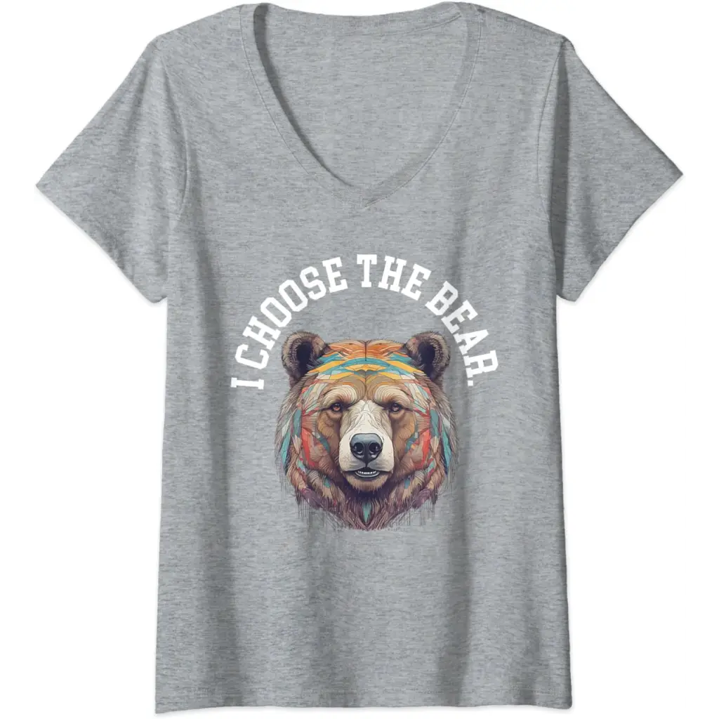 Womens In the Woods Give Me Bear V-Neck T-Shirt - Heather