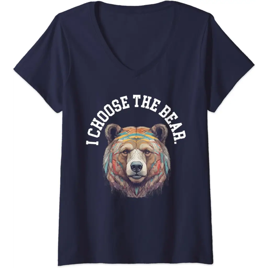 Womens In the Woods Give Me Bear V-Neck T-Shirt - Navy Blue