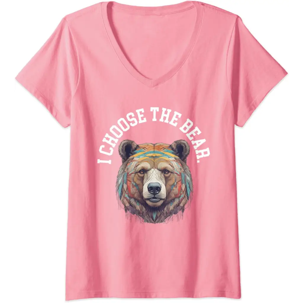 Womens In the Woods Give Me Bear V-Neck T-Shirt - Pink