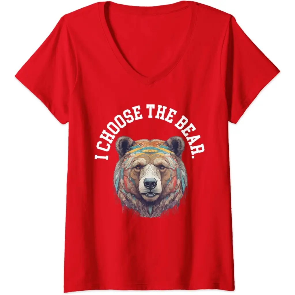 Womens In the Woods Give Me Bear V-Neck T-Shirt - Red