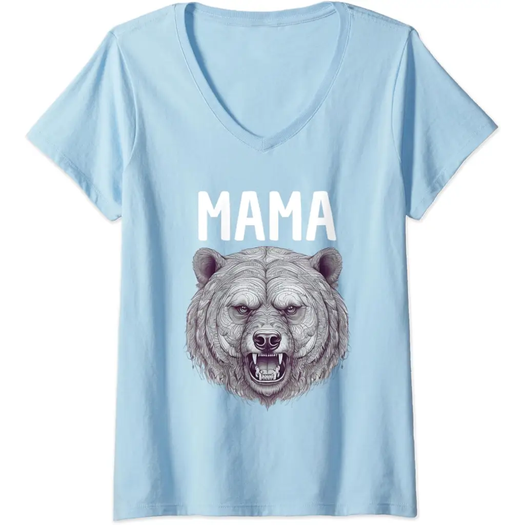 Womens Mama Bear: Fierce Protector in Grayscale Art V-Neck