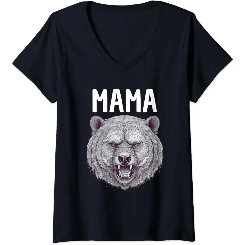 Womens Mama Bear: Fierce Protector in Grayscale Art V-Neck