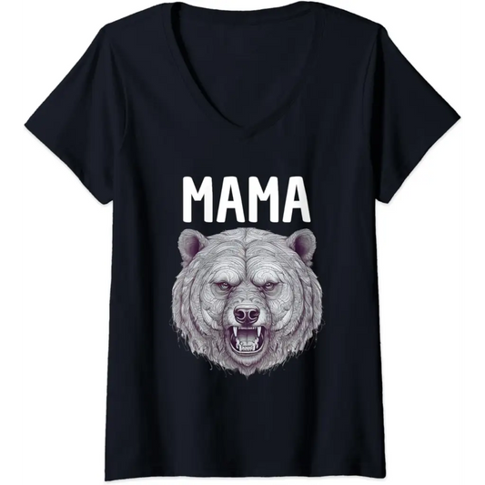 Womens Mama Bear: Fierce Protector in Grayscale Art V-Neck