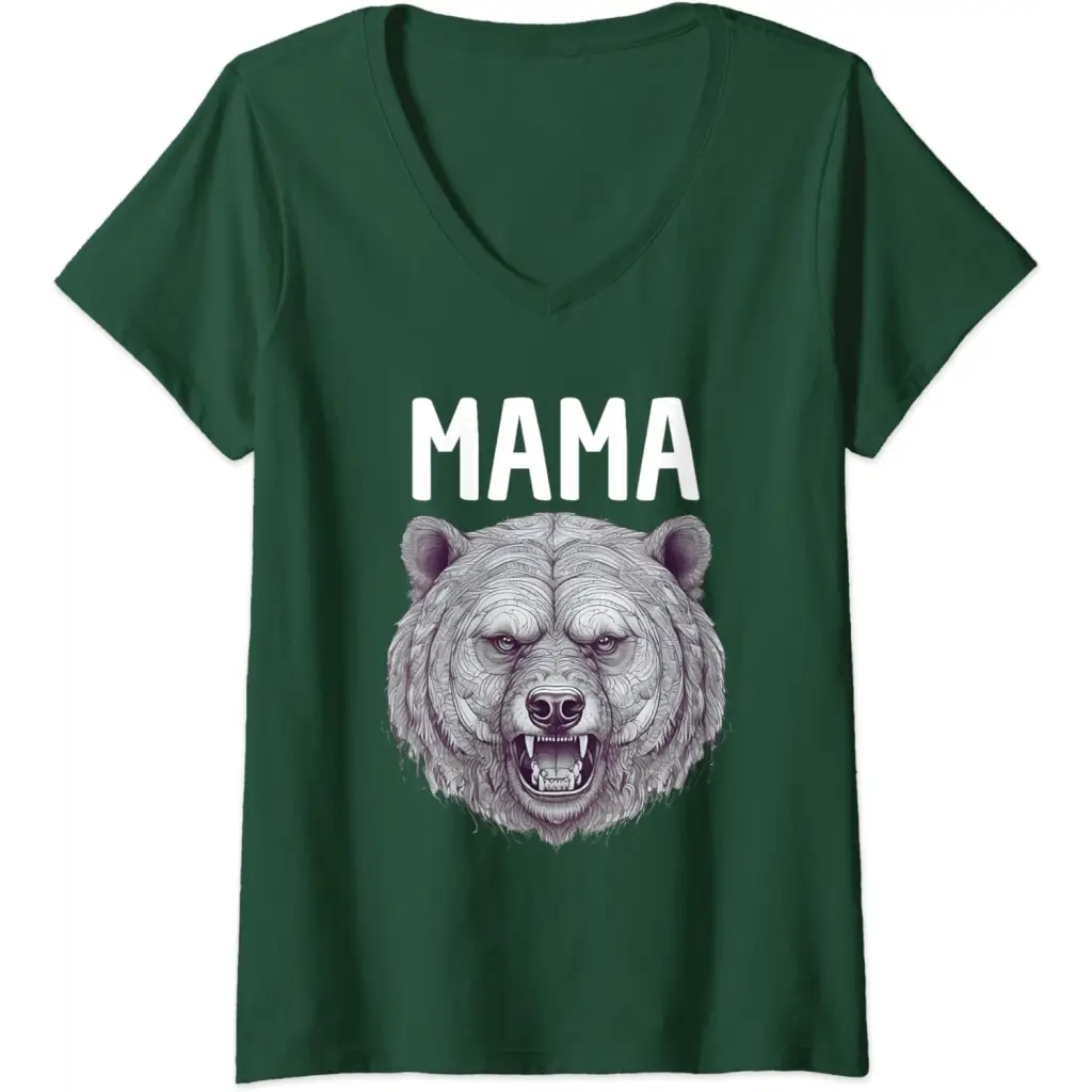 Womens Mama Bear: Fierce Protector in Grayscale Art V-Neck