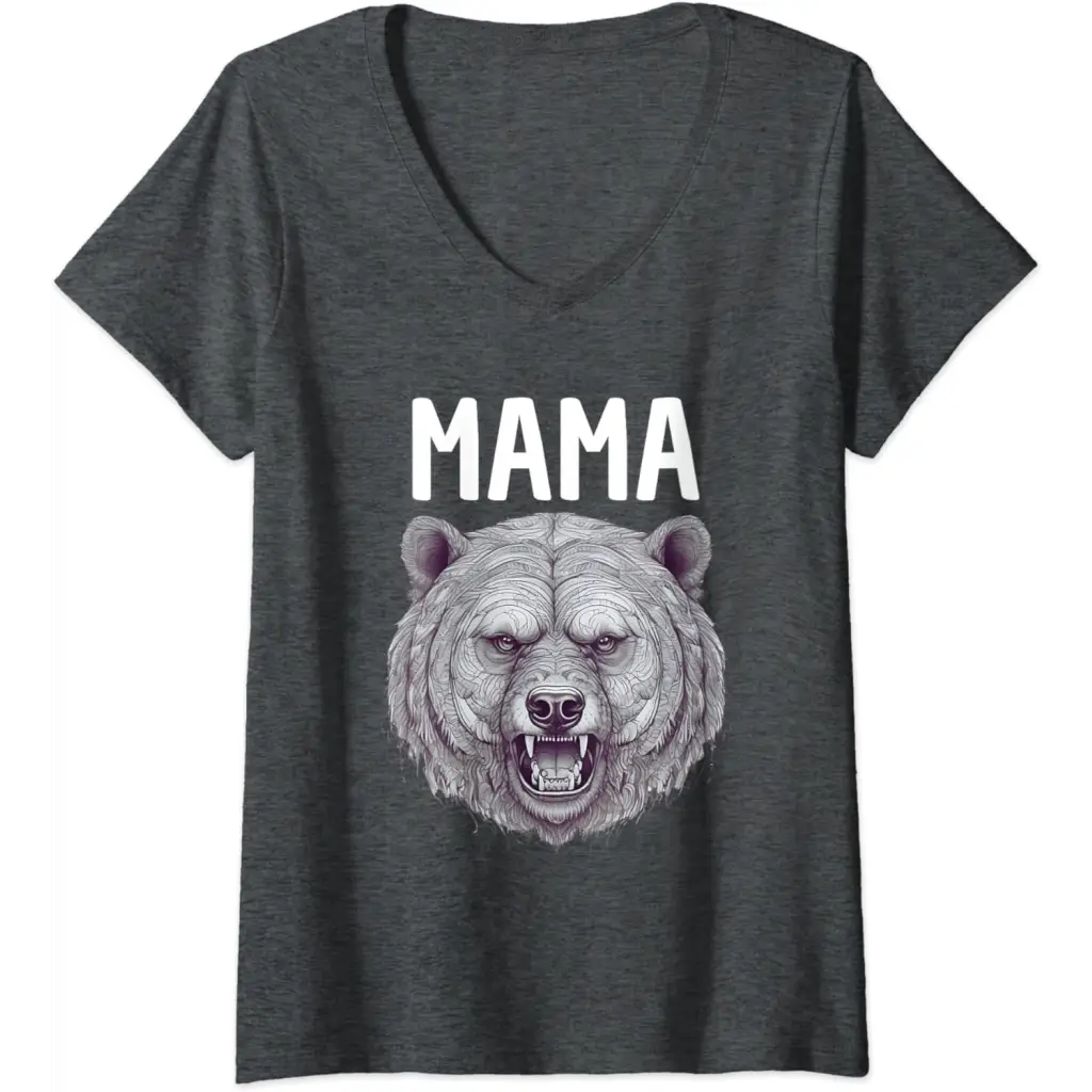 Womens Mama Bear: Fierce Protector in Grayscale Art V-Neck