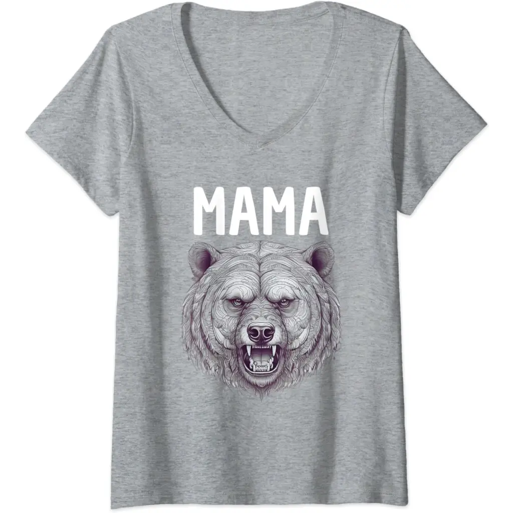 Womens Mama Bear: Fierce Protector in Grayscale Art V-Neck