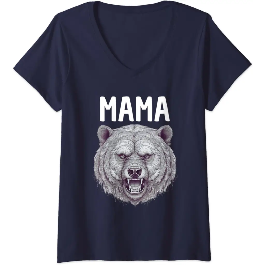 Womens Mama Bear: Fierce Protector in Grayscale Art V-Neck