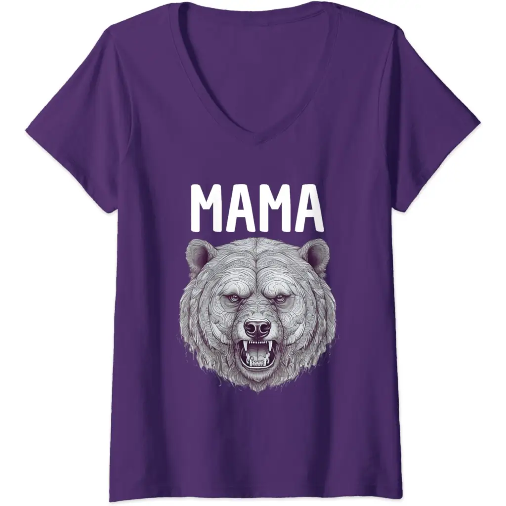 Womens Mama Bear: Fierce Protector in Grayscale Art V-Neck