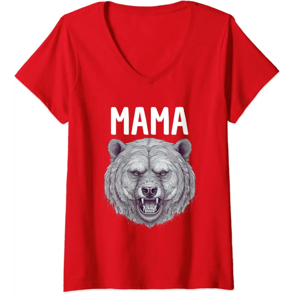 Womens Mama Bear: Fierce Protector in Grayscale Art V-Neck