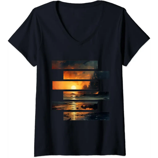 Womens Sunset Serenity: Beach Horizon V-Neck T-Shirt