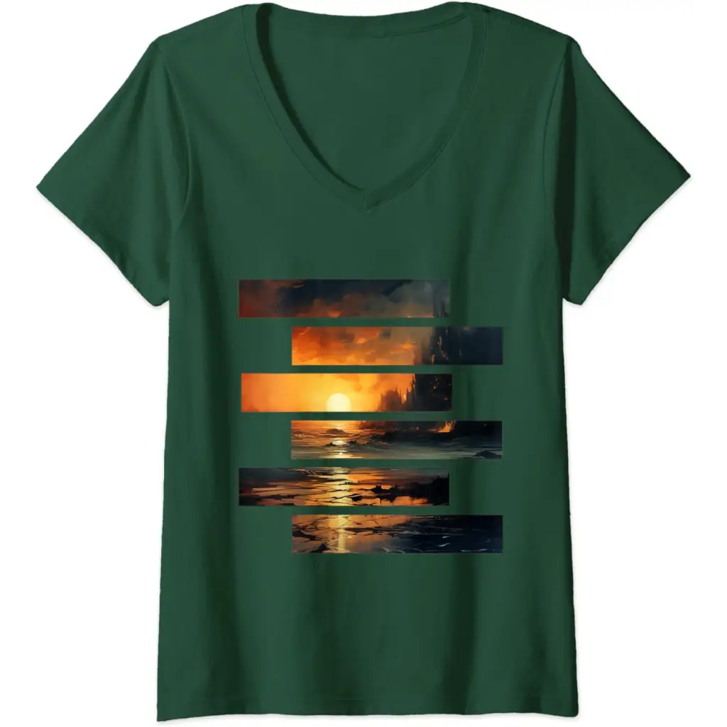 Womens Sunset Serenity: Beach Horizon V-Neck T-Shirt - Dark