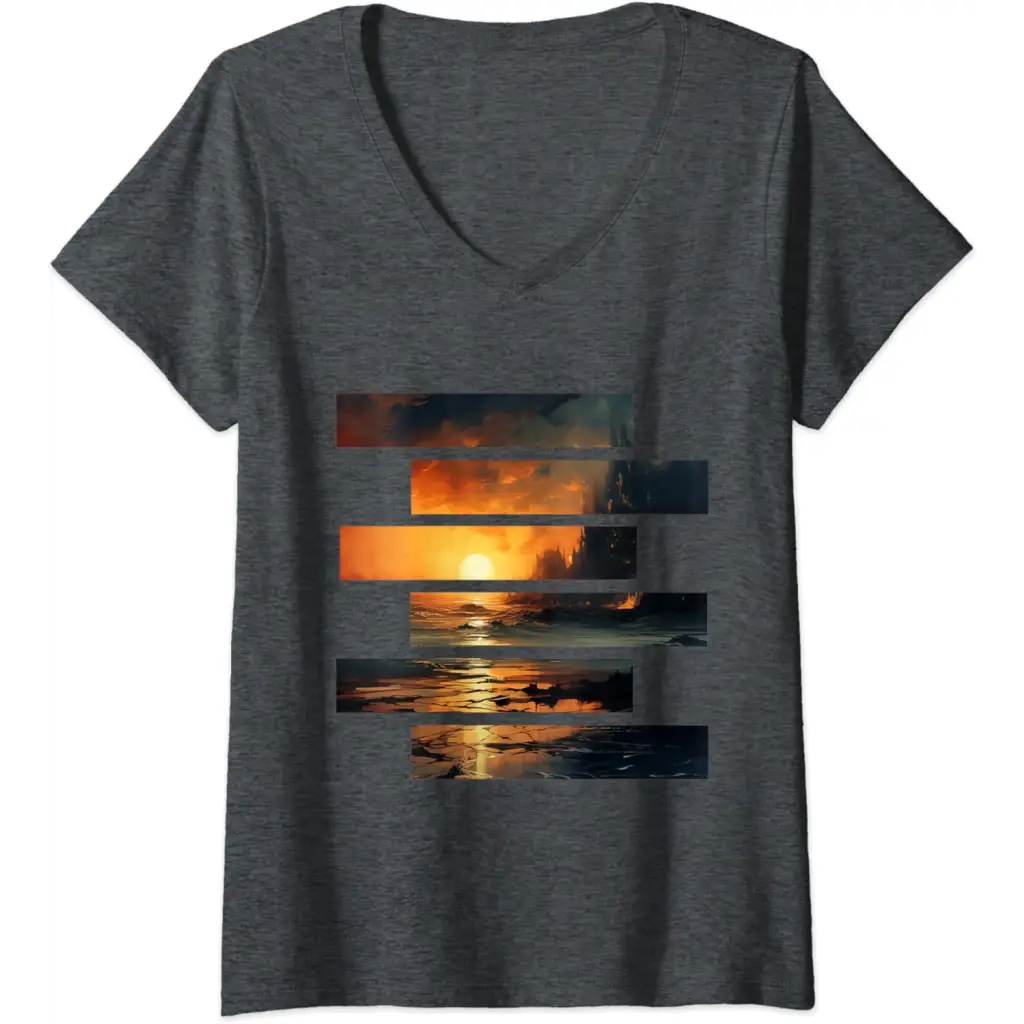 Womens Sunset Serenity: Beach Horizon V-Neck T-Shirt - Dark