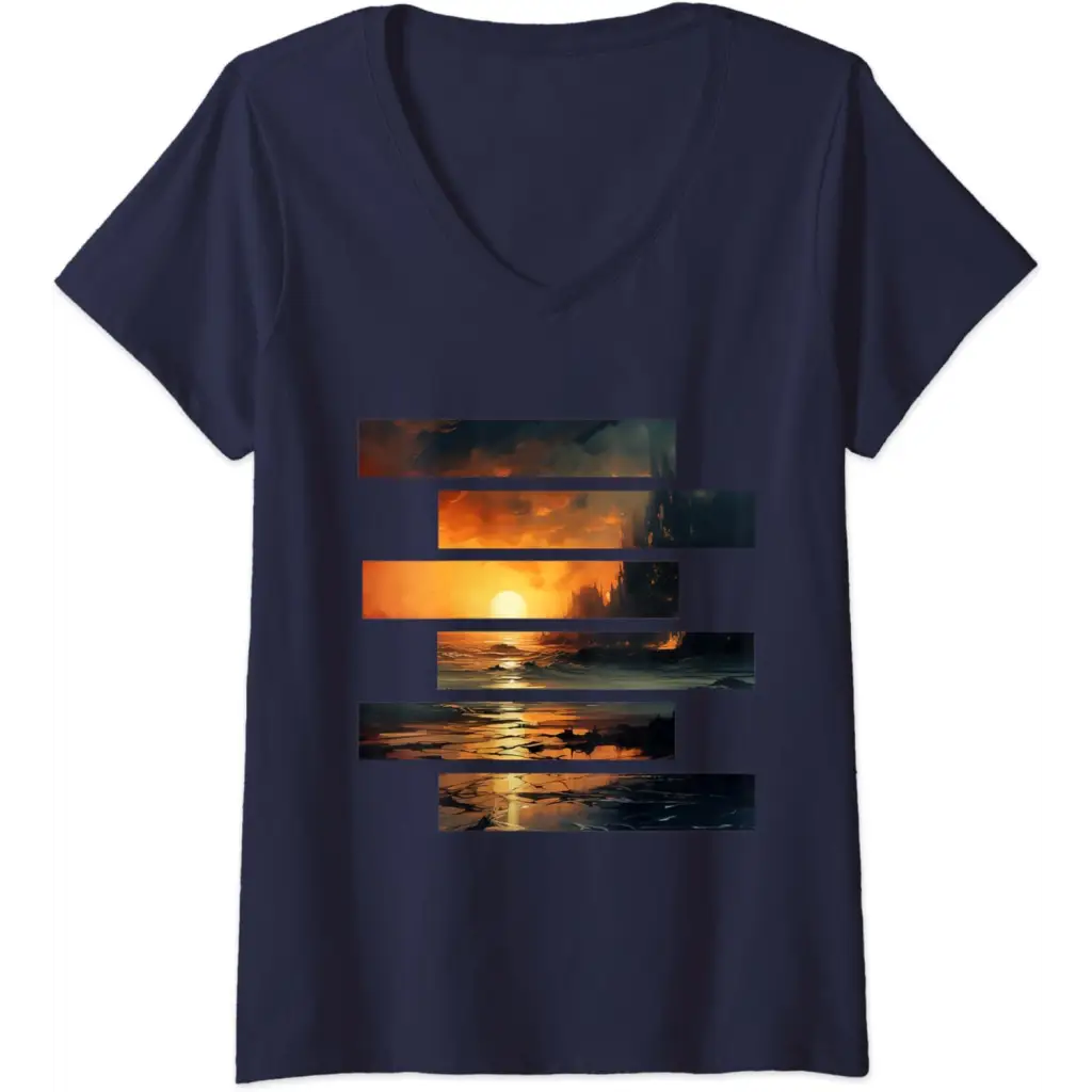 Womens Sunset Serenity: Beach Horizon V-Neck T-Shirt - Navy