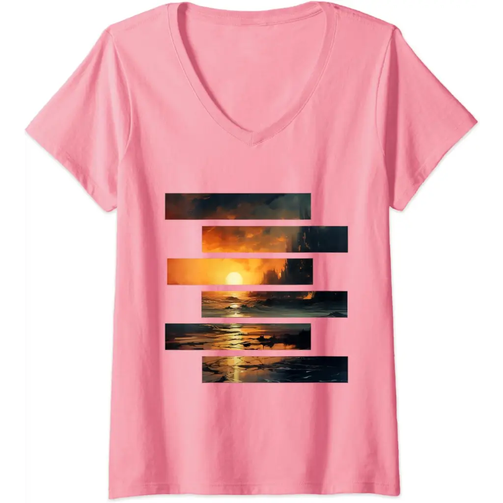 Womens Sunset Serenity: Beach Horizon V-Neck T-Shirt - Pink