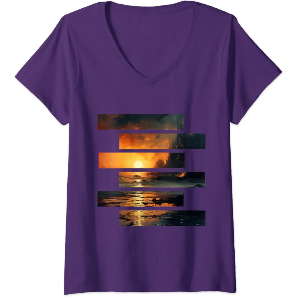 Womens Sunset Serenity: Beach Horizon V-Neck T-Shirt