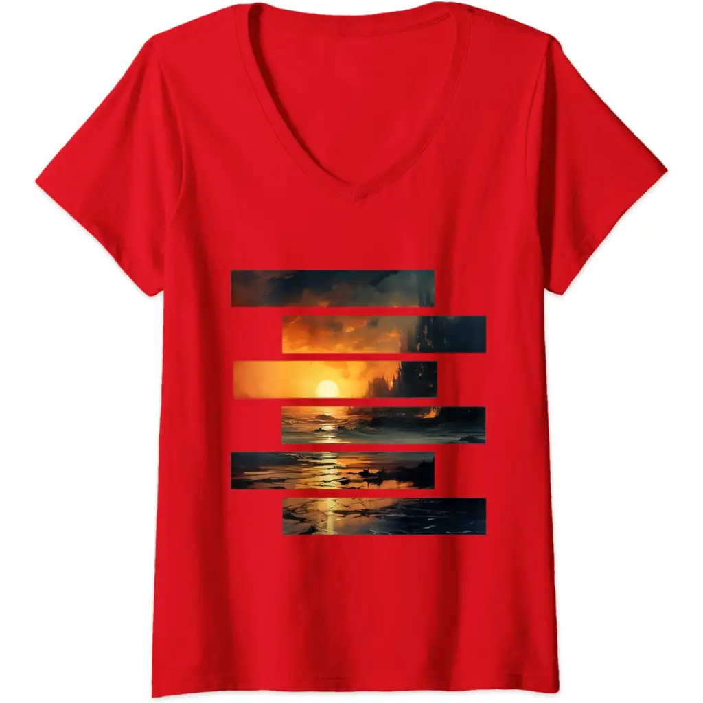 Womens Sunset Serenity: Beach Horizon V-Neck T-Shirt - Red