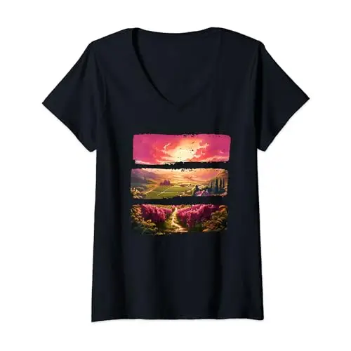 Womens Sunset Valley Landscape Painting with Vineyard