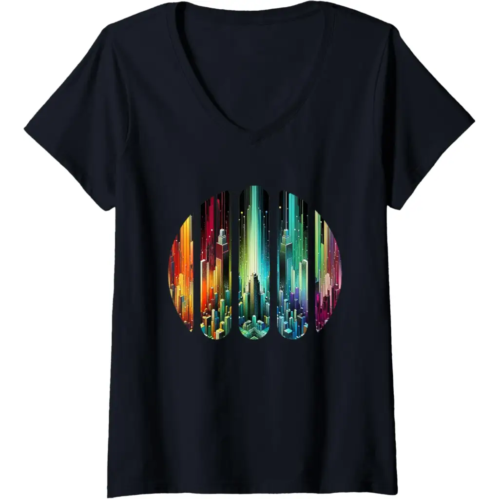 Womens Urban Spectrum: A Panoramic Cityscape” V-Neck T-Shirt